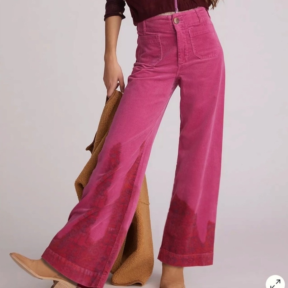 Pilcro Anthro Pink Corduroy Skipper Wide Leg Pants Paisley Hem 24W fun work boho